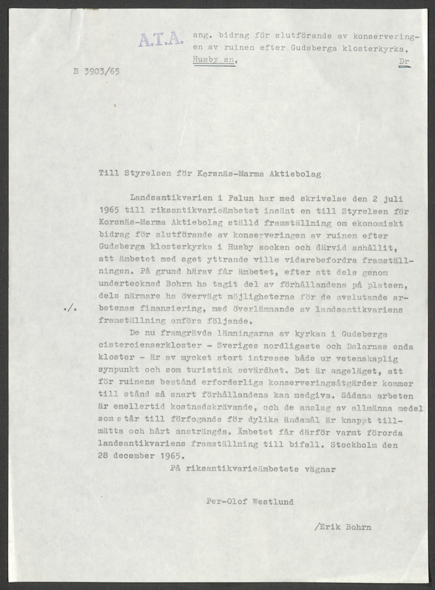 Korrespondens 1929-1973 ang undersökning vid Gudsberga kloster. Om bl.a. anslag, fynd, arbetskraft, m.m. 

Materialet är kopia ifrån Riksantikvarieämbetets antikvariskt topografiska arkiv.