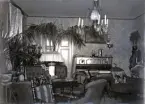 Interiör från en salong. I bakgrunden syns ett piano m.m. och i förgrunden en sittgrupp med en soffa, några stolar, en fåtölj m.m. I taket hänger en stor taklampa för fotogen och levande ljus.

Kan möjl. vara en interiör från Dansjö gård, Lekaryds sn., som innehades av
fotografens kusin, godsägare Edvard Danckwardt (1856-1923).