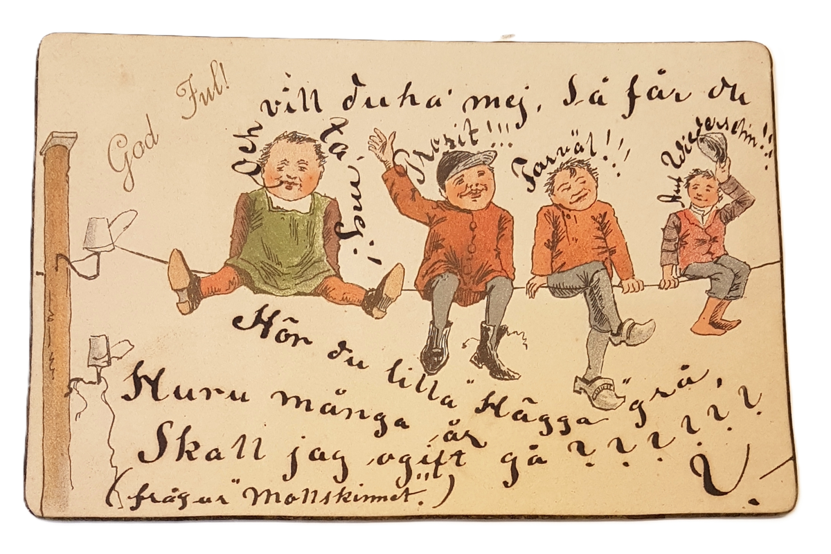 Julkort med motiv av fyra figurer sittande på en tråd. God Jul samt ett refereat från en sångtext står skrivet på kortet.