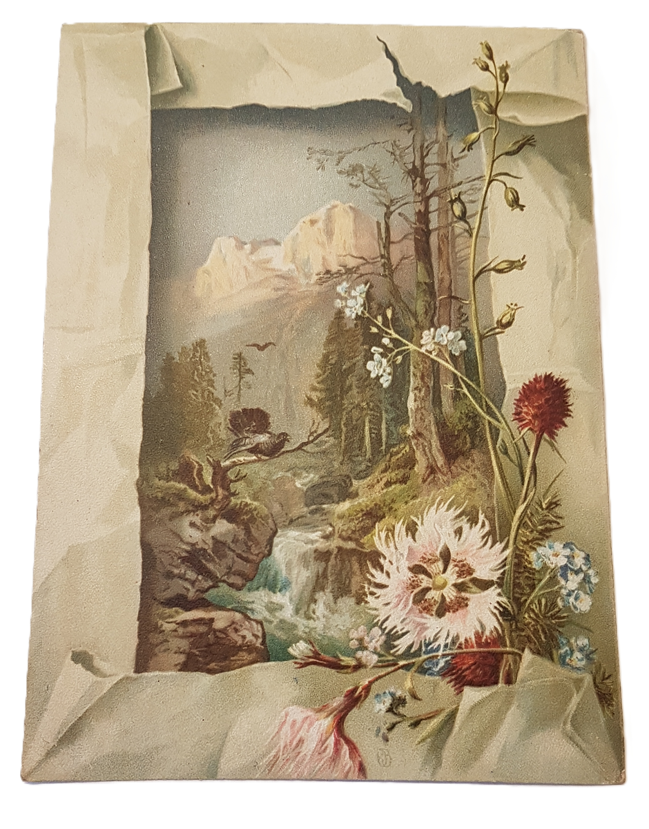 Julkort med natur och blomstermotiv och en trompe lóeil-effekt av papper vikt runt kanterna. På baksidan en hälsning till Hedvig Ulfsparres bror John Axel 1885.