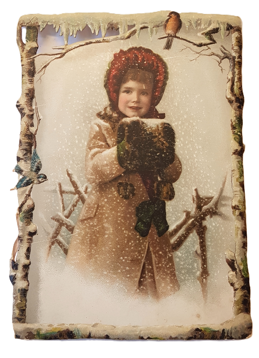 Julkort. Motiv av en liten flicka ute i snön. Röd mössa och händerna i en muff. På korets sidor syns björkstammar och fåglar. På baksidan en hälsning till syskonen Ulfsparre.