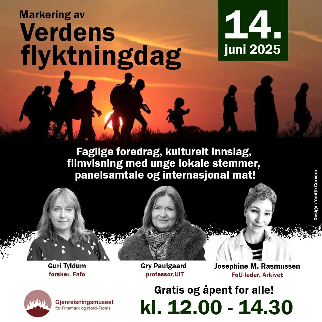 Bildet viser mennesker som er på flukt samt bilde av de tre forskerne som jobber med flyktninger som tema