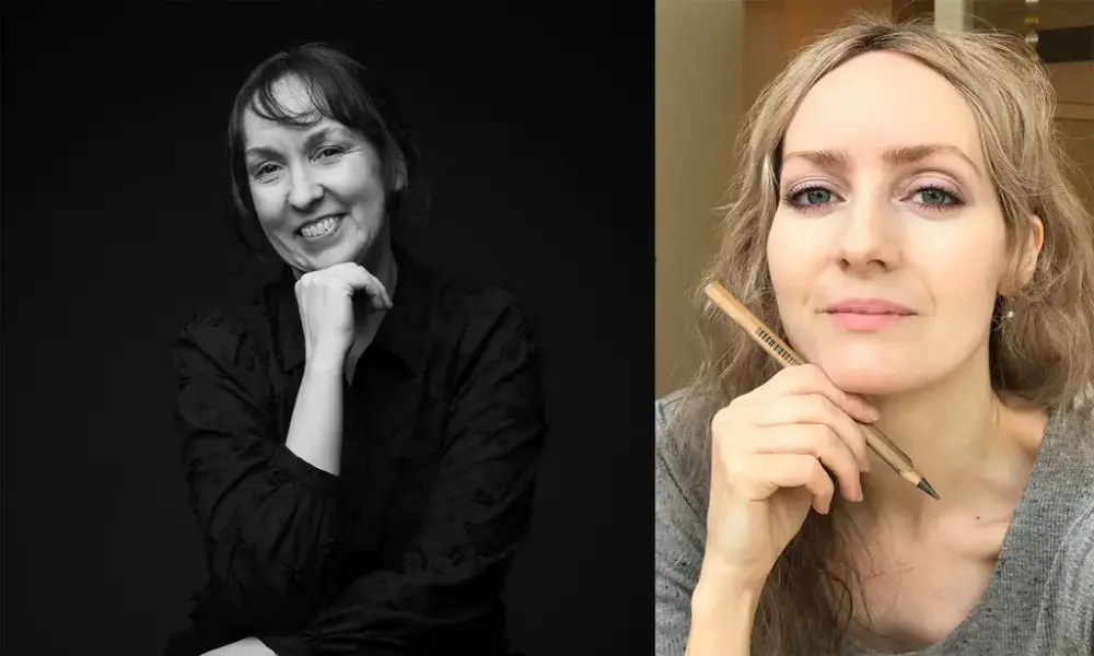 Portrettbilde av Eirin Holberg, i svart kvitt og med svart bakgrunn, og Åshild Irgens med blyant i handa