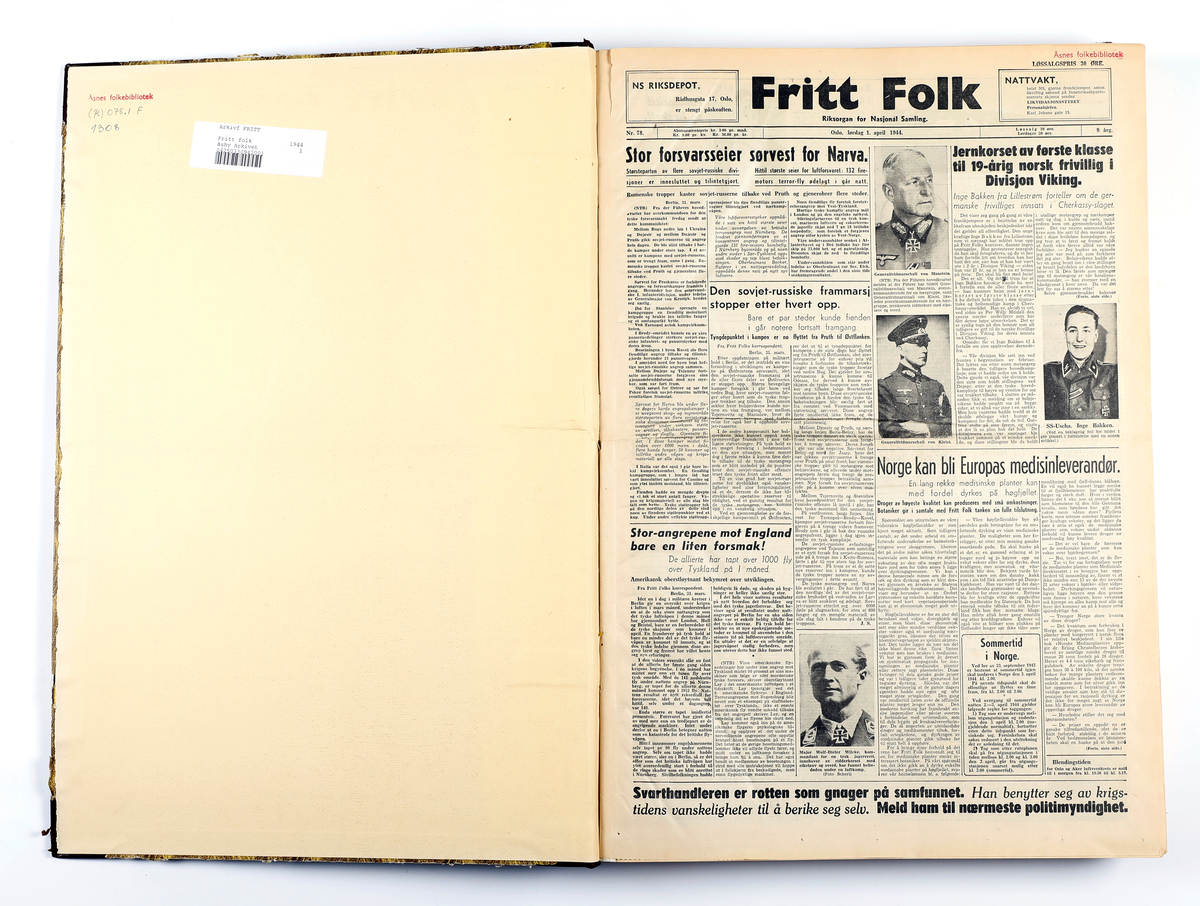 Innbundet årgang avis "Fritt Folk" 1944.