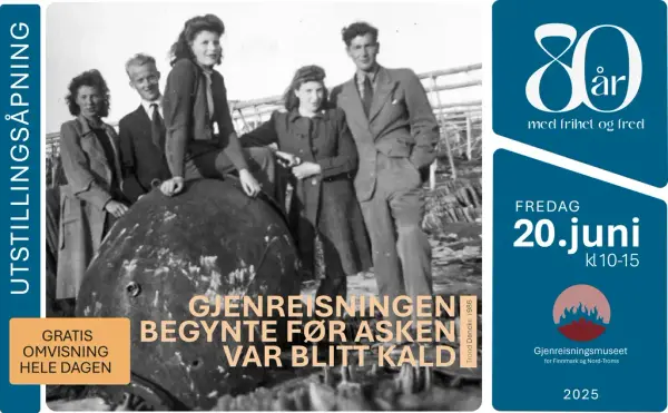 Bildet viser fem mennesker som står og sitter på en sjømine