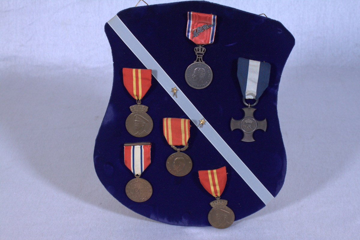 Medaljene er etter Løytnant Trygve Sjøvold (1912-45). Sjøvold var fartøysjef på minesveiperen NYMS 382 som var et av de siste allierte fartøyene som ble senket under krigen. NYMS 382 ble senket av en tysk ubåt 7. mai 1945, 22 mann omkom, mens 10 sårede ble berget og ble satt i land i Dartmouth i England. Sjøvold er en av de siste nordmennene som omkom i 2 verdenskrig. Han fikk flere medaljer under sin tjenestegjøring: 
•	Krigsmedaljen med stjerne november 1942.
•	Haakon VIIs 70-årsmedalje 1942 (2 stk).
•	Distinguished Service Cross november 1942 – en høyere engelsk medalje for innsats i Kanalen i november 1942.
I tillegg mottok han St. Olavsmedaljen med ekegren post mortem i 1949. Det er disse medaljene som er innlemmet i Marimuseets samlinger. 

Tavlen består av : St Olavsmedaljen m/eikegren, 2 stk Haakon VII 70 års dag,deltagermedaljen 9.april 1940 til 8.mai 1945, Krigsmedaljen. Innstiftet 23.mai 1941 og Deltagermedaljen (Krigsfortjeneste korset, DSC, Engelsk Tildeles offiserer fra Orl.kapt og lavere grad. 