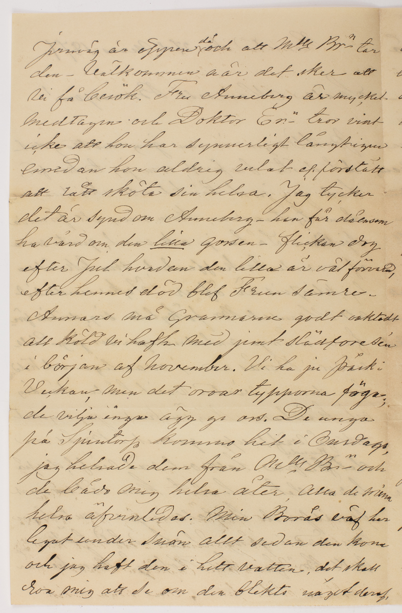 Brev skrivet till Johanna Brunsson. Från Emilia Colliander

Romelid den 27de Mars 1877.
Snälla Mamsell Brunsson!
Bortvagm innan jag emottog det det sista brefvet, som jag tackar för, hade jag just tänkt att skrifva emedan tystnaden, kom mig att förmoda sjukdom. Så har ju ock varit, jemte mera af oroande beskaffenhet, som likväl nu lyckligtvis är öfver. Icke underligt att Mamsell Br. förkylde sig, dertill förefans många anledningar ser jag, eldsvådor i Borås äro ej ovanliga och kölden har denna vinter varit både ihärdig och kännbar. Nog önskade jag mycket att få väft upp garnet i Borås om det kunde blifva lätt och väl väft, derpå beror det- och det kan väl snart synas på de beställningar som troligen nu äro i gång. Vid hvad tid tänker Mll Br. fara till Koberg? Kanske vår
--
Jernväg är öppen då och att Mll Br" tar den - välkommen när det sker att vi få besök. Fru Anneberg är mycket medtagen och Doktor En" - tror visst icke att hon har synnerligt långtigen emedan hon aldrig velat el. förstått att rätt sköta sin helsa. Jag tycker det är synd om Anneberg - han får då ensam ha vård om den lilla gossen- flickan dog efter Jul hvadern den lilla är väl förvarad efter hennes död blef Frun sämre. Annars må Grannarna godt oaktadt att köld vi haft med jemt slädfore sen i början af November. Vi ha ju påsk i Veckan, men det oroar tupparna föga; de vilja inga ägg ge oss. De unga på Sjuntorp kommo hit i Onsdags jag helsade dem från Mll Br"och de bado mig helsa åter, alla de mina helsa äfvenledes. Min Borås väf har legat under snön allt sedan den kom och jag haft den i hett vatten, det skall roa mig att se om den blekts något deraf
--
ty jag har från barndomen hört att snö och marssol bleker- den sednare som alltjemt lyst klar har likväl näppeligen kunnat verka genom det tjocka snölagret som alltjemnt ökats. Har mll Br"- varit god vidtalat pigan för min räkning så önskade jag henne till köket i oktober, ty jag skulle gerna behålla den flickan jag har inne, om hon endast lär sig att handskas varsamt med allting, men ännu har ingen lärdom vunnits- om jag deremot ej kan behålla henne så skulle Borås jungfrun få innetjensten helst ville
jag likväl försöka med flickan än ett år; ty hon är snäll och treflig fast hon bryter, rifer och slår i sönder mycket i den vägen har hon vunnit en mer än vanlig färdighets
proflappen är nätt, jag har sett sådant tyg förr och funnit det trefligt. En prof servett följer - jag tog den alldra vackraste och jemnaste en del äro 3 ne tum kortare, som troligen beror på väftens olika finhet. Om man märkt
--
och tillsatt v. vid hvarje fåll så hade det gjort godt. I går tycktes föret vara på upphällning i dag deremot se vi nya stora snömassor stendligen förökande sig. War rädd om helsan när vintern ger sig och vårluften kommer istället, då just är man snart utsatt för fara och Mll Br_ n är bestämdt icke stark. Att tiden tycks gå fort i Borås visar att ingen vantrefnad erfares och att undervisningen mottages med intresse hvilket gläder mig att höra lycka till all förnöjelse som bjudes. Nu slut för denna gång. 
Med vänskap, tillgifvnast
Emilia Colliander
