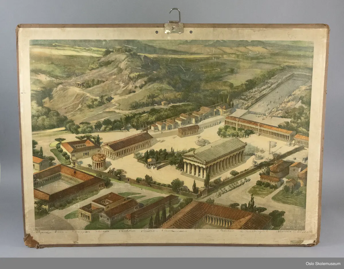 Akropolis i Athen. Akropolis i Athen. Bygningene er nummerert (håndskrevet) og korresponderer med en oversikt under bildet.