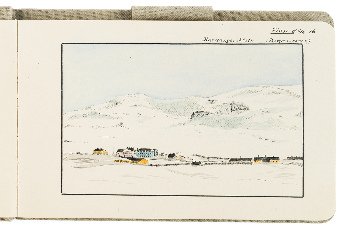 Denna kolorerade teckning visar stationen Finse i Norge. I bakgrunden syns glaciären Hardangerjøkulen.