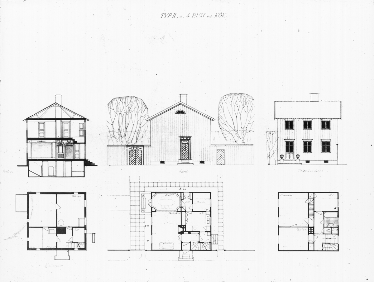 Bild från Ingenjör P. Wretblads material för Bygge och Bo-utställningar.
Ritning av hus, typ 2 a, 4 rum och kök. Lidingö 1925.