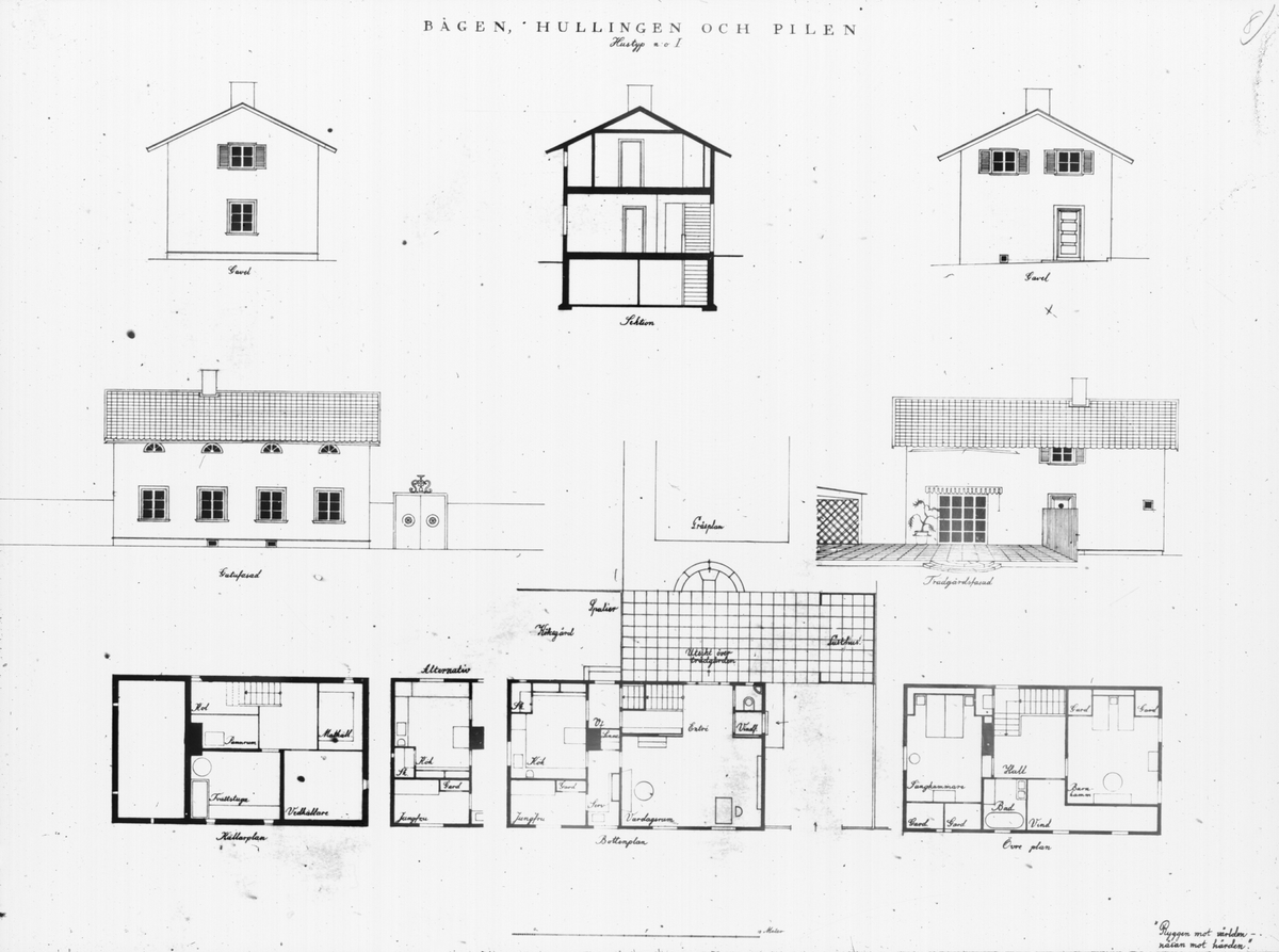 Bild från Ingenjör P. Wretblads material för Bygge och Bo-utställningar.
Ritning, skiss av husen Bågen, Hullingen och Pilen, Lidingö 1925.
"Ryggen mot världen, ansiktet mot härden".