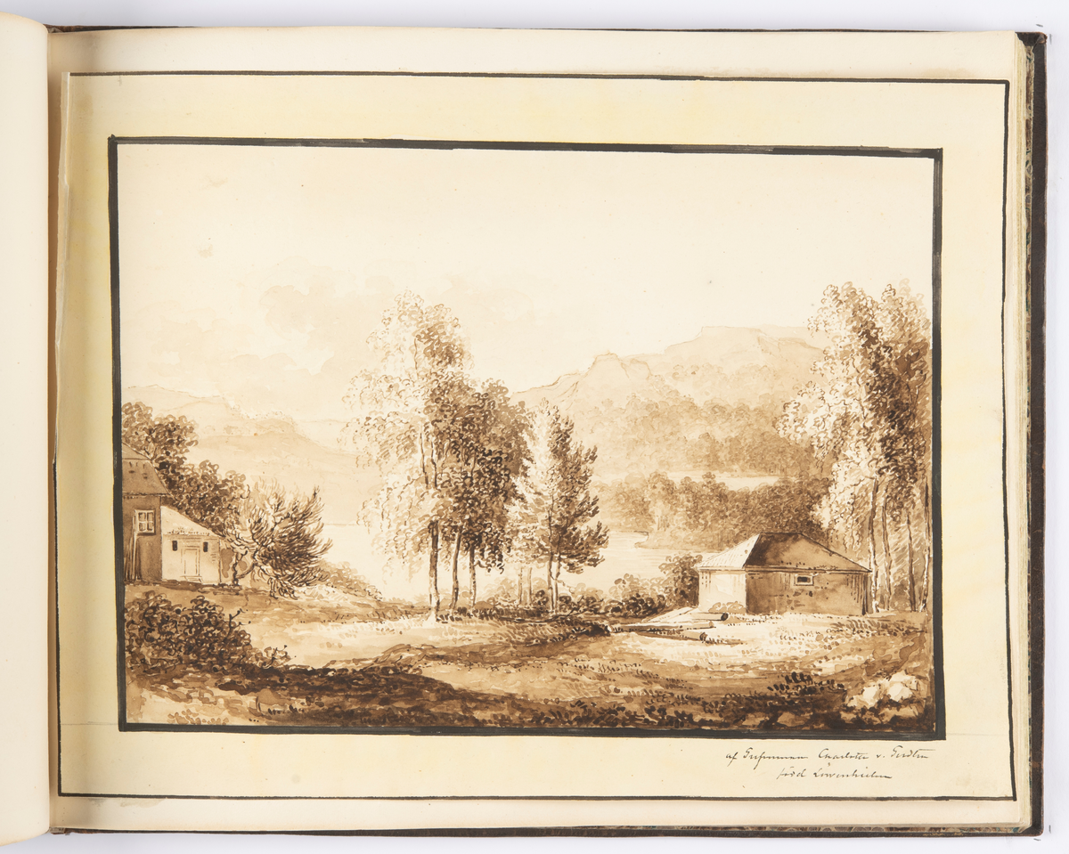 Landskap med byggnader och berg.