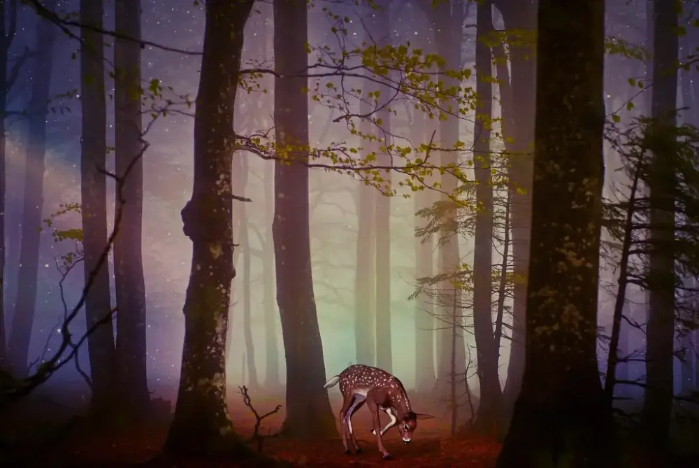 Et kunstig generert bilde av et rådyr i en mystisk skog
