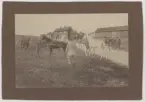 Civila män tar hand om hästar på en gård, 19081909. Teckning av John Moberg.