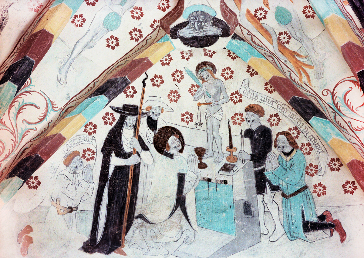Kalkmålning, tillbedjan, Härkeberga kyrka, Uppland 2009