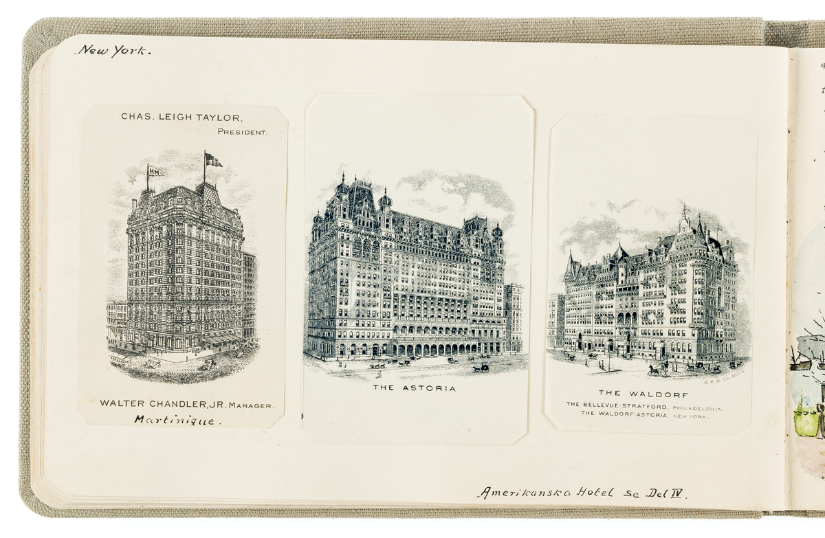På denna dagbokssida finn tre avbildningar från hotell i New York, Martinique, The Astoria och The Waldorf.