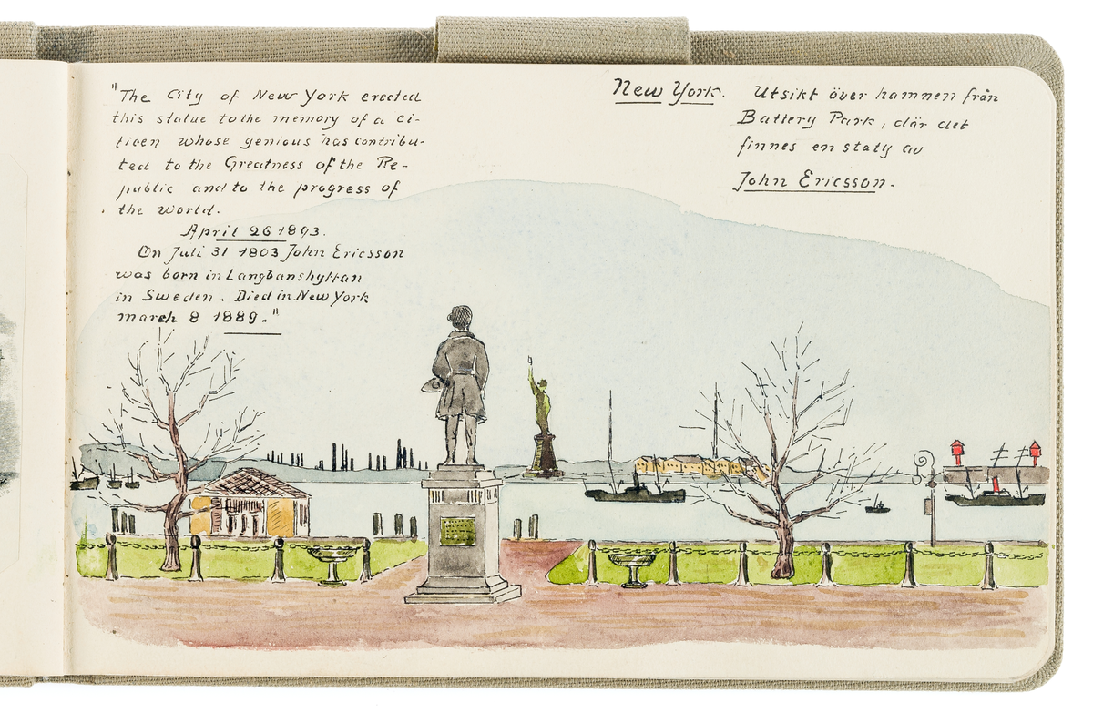 Denna kolorerade förtoning föreställer en vy över New Yorks hamn från Battery park. I bildens centrum syns en staty från John Ericsson, bredvid i bakgrunden skymtar Frihetsgudinnan.