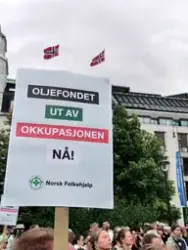 Demonstrasjon foran Stortinget med krav om at politikerne skal stemme for å trekke oljefondet ut av Israels økonomi, 4. juni 2025. Plakat fra Norsk Folkehjelp: Oljefondet ut av okkupasjonen nå!