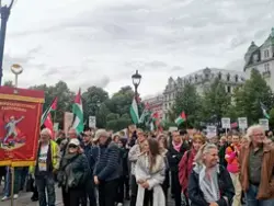 Demonstrasjon foran Stortinget med krav om at politikerne skal stemme for å trekke oljefondet ut av Israels økonomi, 4. juni 2025. Her med fanen til bygningsarbeidernes forening.