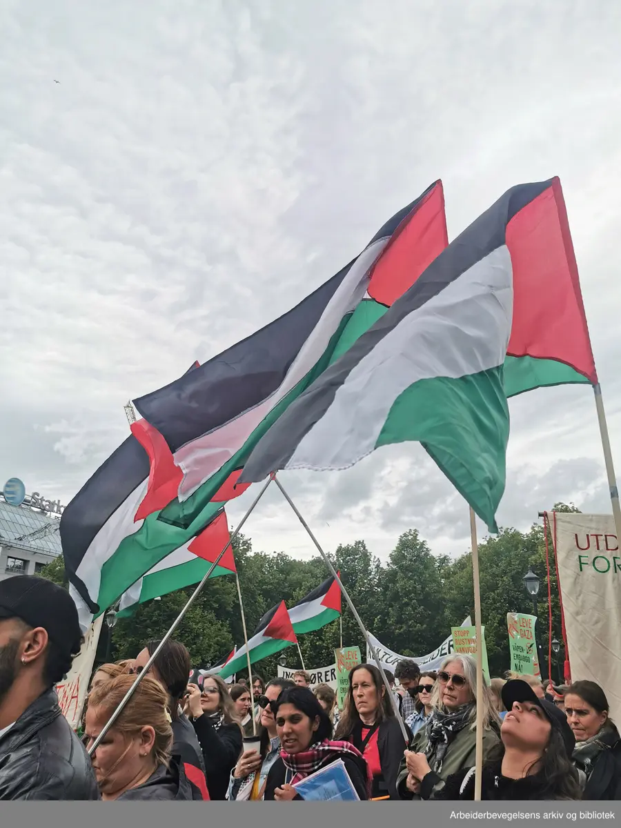 Demonstrasjon foran Stortinget med krav om at politikerne skal stemme for å trekke oljefondet ut av Israels økonomi, 4. juni 2025. Palestinske flagg.