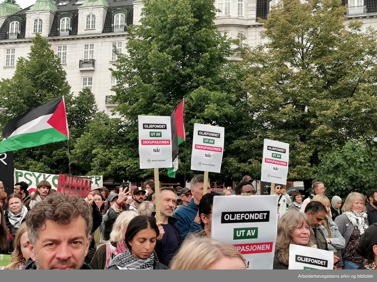 Demonstrasjon foran Stortinget med krav om at politikerne skal stemme for å trekke oljefondet ut av Israels økonomi, 4. juni 2025. Mange plakater fra Norsk folkehjelp.