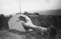 En av de to Kruppkanonene med navnene "Aron" og "Moses" som senket Blücher i Drøbaksundet den 9. april 1940 etter at hjemmestyrkene tok over Oscarsborg festning den 12.05.1945.