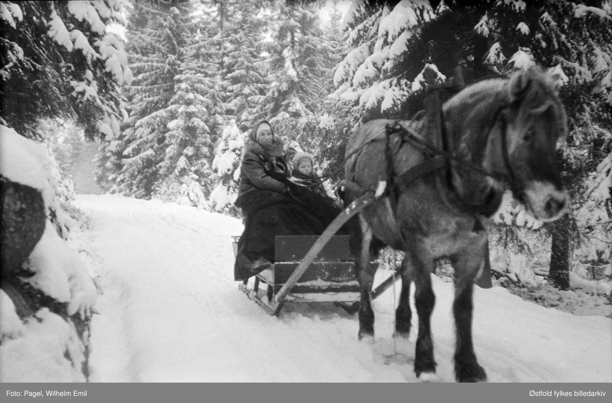 Kanefart i Tune. I sleden Birgitte Marie Pagel og datteren Siribeth, antakelig ca. 1940-42. De to er kone og datter til fotografen.
