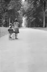 To ukjente jenter med dukkevogn, ukjent sted.