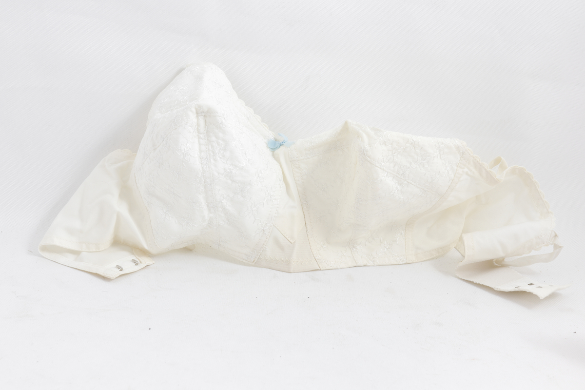 Brystholder i gjennomsiktig og rosa plastpose. Brystholderen er hvit med blonder og en blå sløyfe.