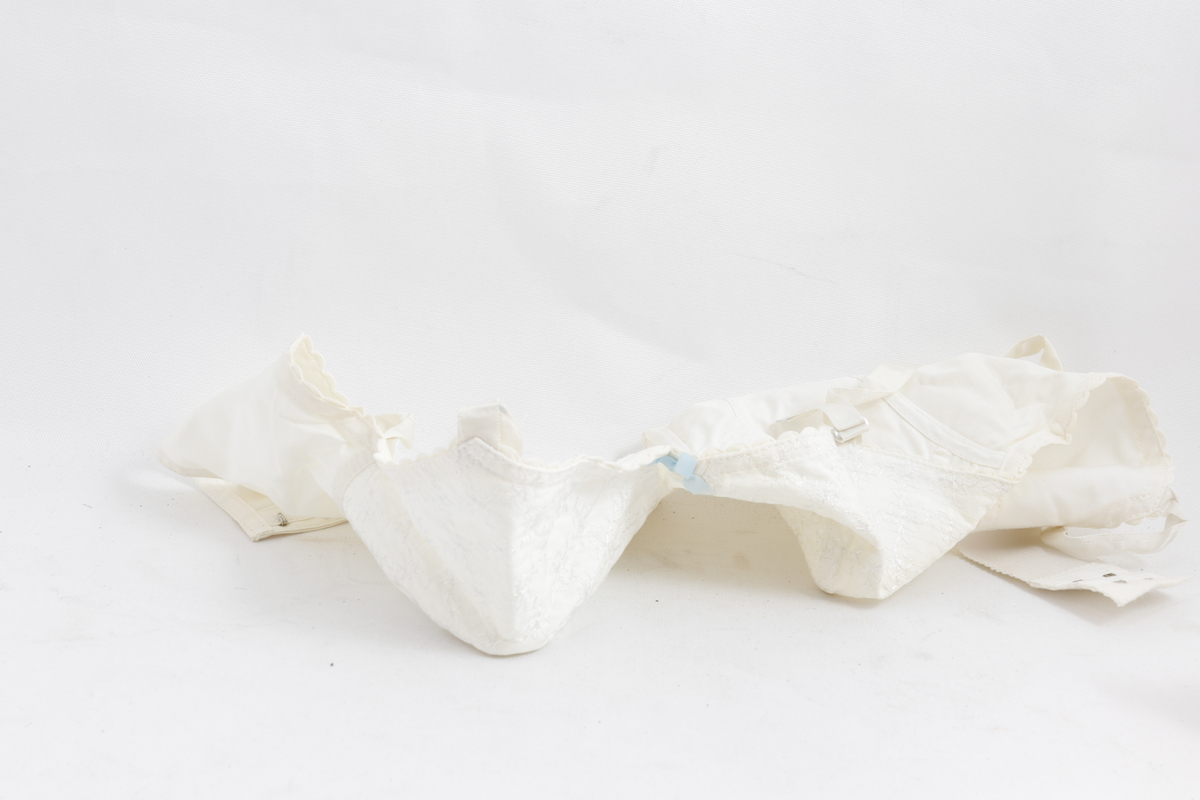 Brystholder i gjennomsiktig og rosa plastpose. Brystholderen er hvit med blonder og en blå sløyfe.