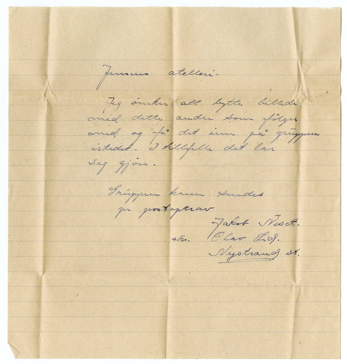 Portrett av Jakob Neset elev på Foldsæ Jordbrukskule 1945 - 1946 i Fyresdal.

Påskrift bak foto:

Juster dette billed på gruppen, da jeg syntes det andre er ser. dårligt

Brev fra Jacob Neset til Jensen Atelier som medfulgte foto:

Jensen Atelier,

Jeg ønsker att bytte billede med dette andre som følger med og få det inn på gruppen istedet. I tilfelle det lar seg gjøre. Gruppen kan sendes på postkrav.

Jakob Neset adr. Olav Lid. 
Nystrand stasjon