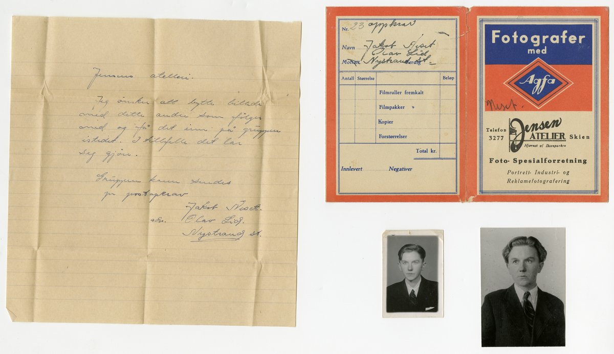 Portrett av Jakob Neset elev på Foldsæ Jordbrukskule 1945 - 1946 i Fyresdal.

Påskrift bak foto:

Juster dette billed på gruppen, da jeg syntes det andre er ser. dårligt

Brev fra Jacob Neset til Jensen Atelier som medfulgte foto:

Jensen Atelier,

Jeg ønsker att bytte billede med dette andre som følger med og få det inn på gruppen istedet. I tilfelle det lar seg gjøre. Gruppen kan sendes på postkrav.

Jakob Neset adr. Olav Lid. 
Nystrand stasjon