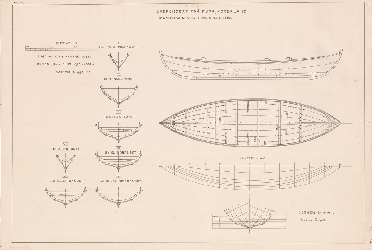 Ladromsbåt frå Fusa, Hordaland. Byggmeistar Ola og Hans Opsal i 1850. 
Teikning av skrog, skurd og liner.
Målestokk 1:20