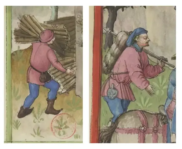 To illustrasjoner fra Tacuinum Sanitatis som viser menn med vesker i beltet mens de jobber.