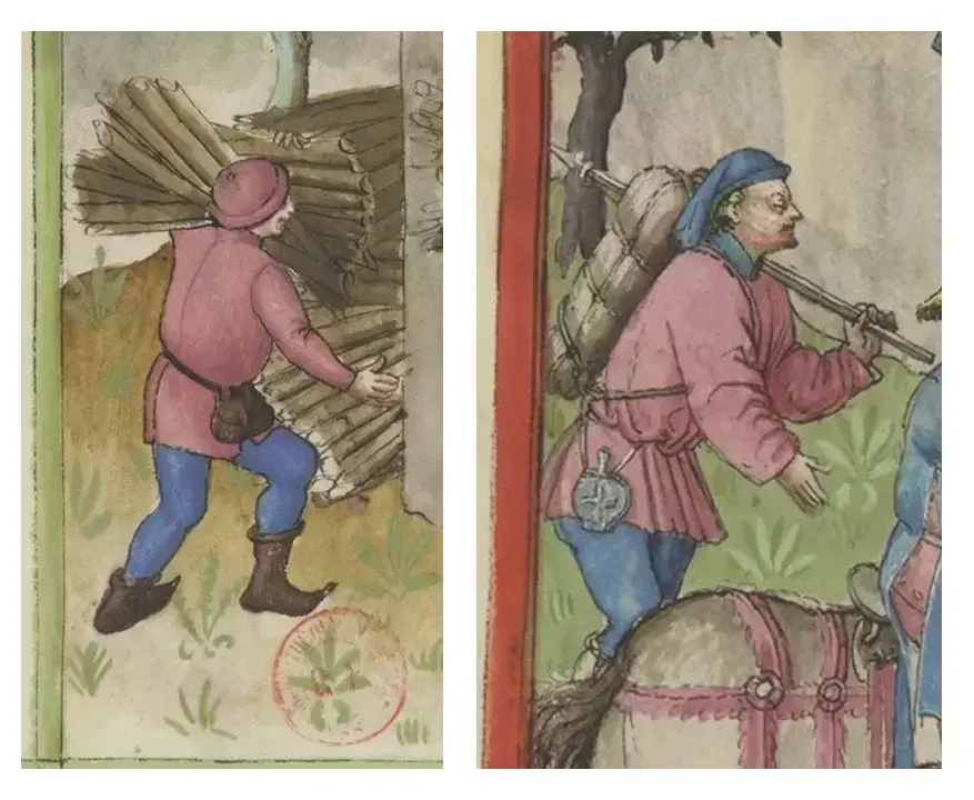 To illustrasjoner fra Tacuinum Sanitatis som viser menn med vesker i beltet mens de jobber.