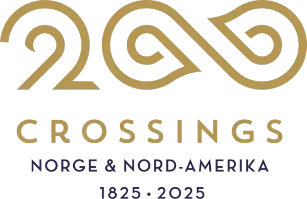 Logo Crossings tallet 200 i gull, der de to nullene er utformet som et uendelighetstegn, liggende 8-tall.  Tekst under Crossings, Norge og Nord-Amerika 1825 - 2025