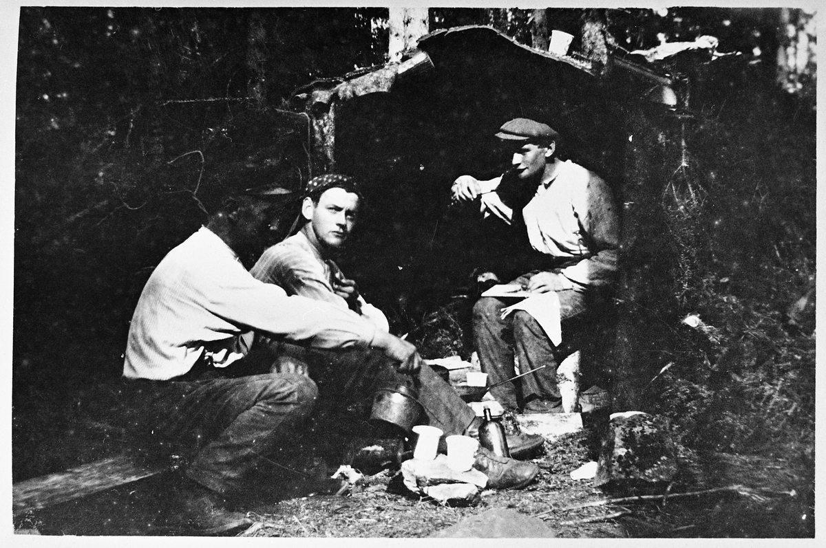 Vedhogst på Totenåsen ca. 1920. Personene: Oskar Faraas, Ole Valby, Alfred Faraasengen.