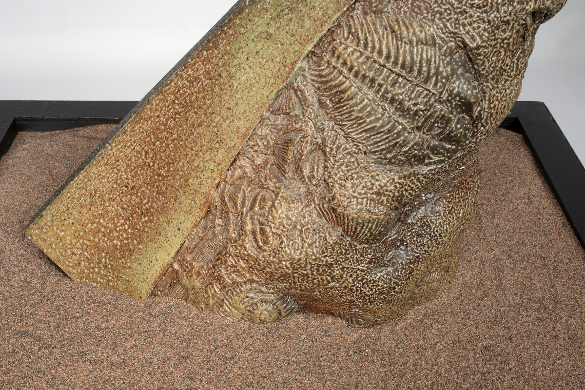 Keramisk skulptur på sort sokkel med sand. Skulpturen består av organiske former som stiger opp av sanda. I formene er det avtrykk som forestiller fossiler, avtrykk av bein og abstrakte former. Skulpturen er glasert beige og brun.
