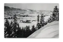 Idyllisk vintermotiv med utsikt mot nordvestre deler av Lierdalen. Postkort stemplet 1931. Midt i bildet ser vi to Sørumgårder.
