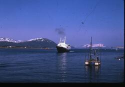 Hurtigruteskipet MS Lofoten (1963) på veg gjennom Sortlandssundet