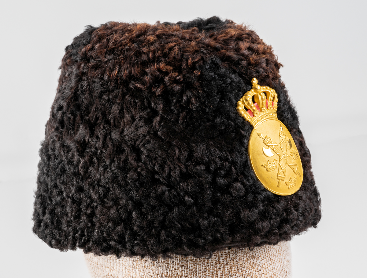 Pälsmössa m/1926, i svart krusigt fårskinn. Oval modell med stukat veck i kullen. Svart vadderat foder. Mössplåt, oval sköld med korslagda fasces, lilla riksvapnet (tre kronor), krönt med kunglig krona med röd kudde.