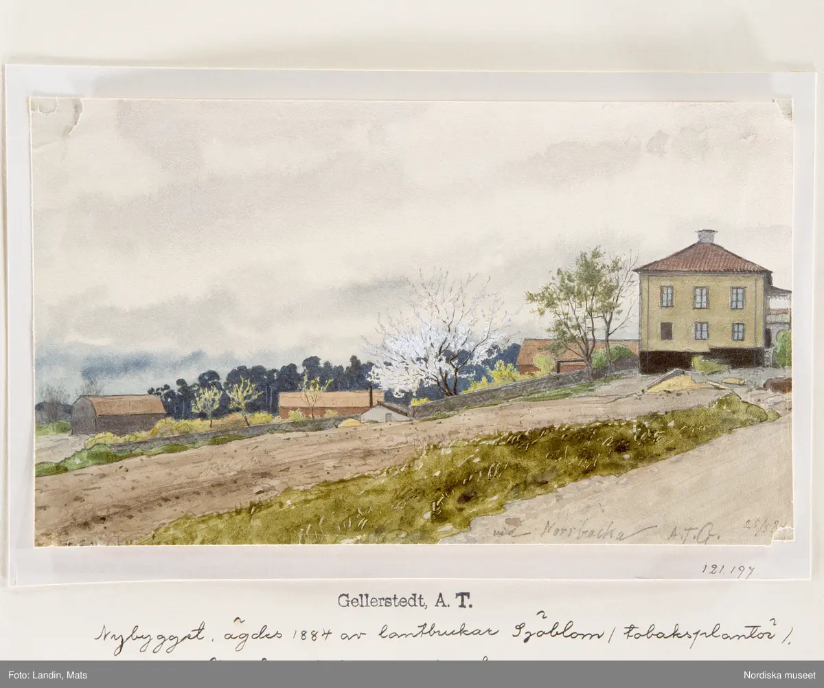A T Gellerstedts akvareller, tillfällig utställning på Nordiska museet 7 april 2001. Akvarell från 1884. Nybygget vid Norrbacka. I bakgrunden tobakslador.