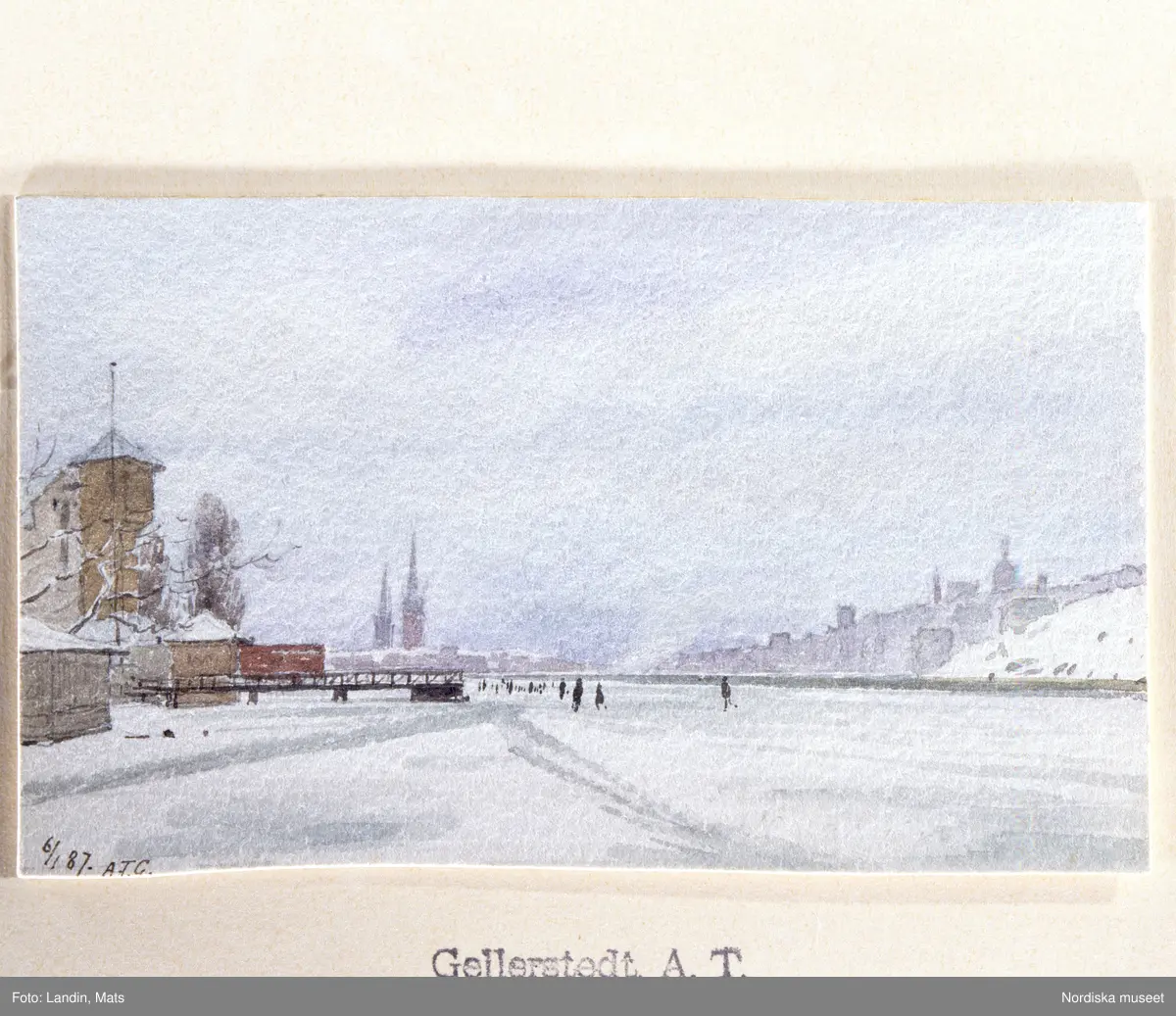 A T Gellerstedts akvareller, tillfällig utställning på Nordiska museet 7 april 2001. Akvarell från1887.
Utsikt mot Riddarholmen från Lilla Essingen.