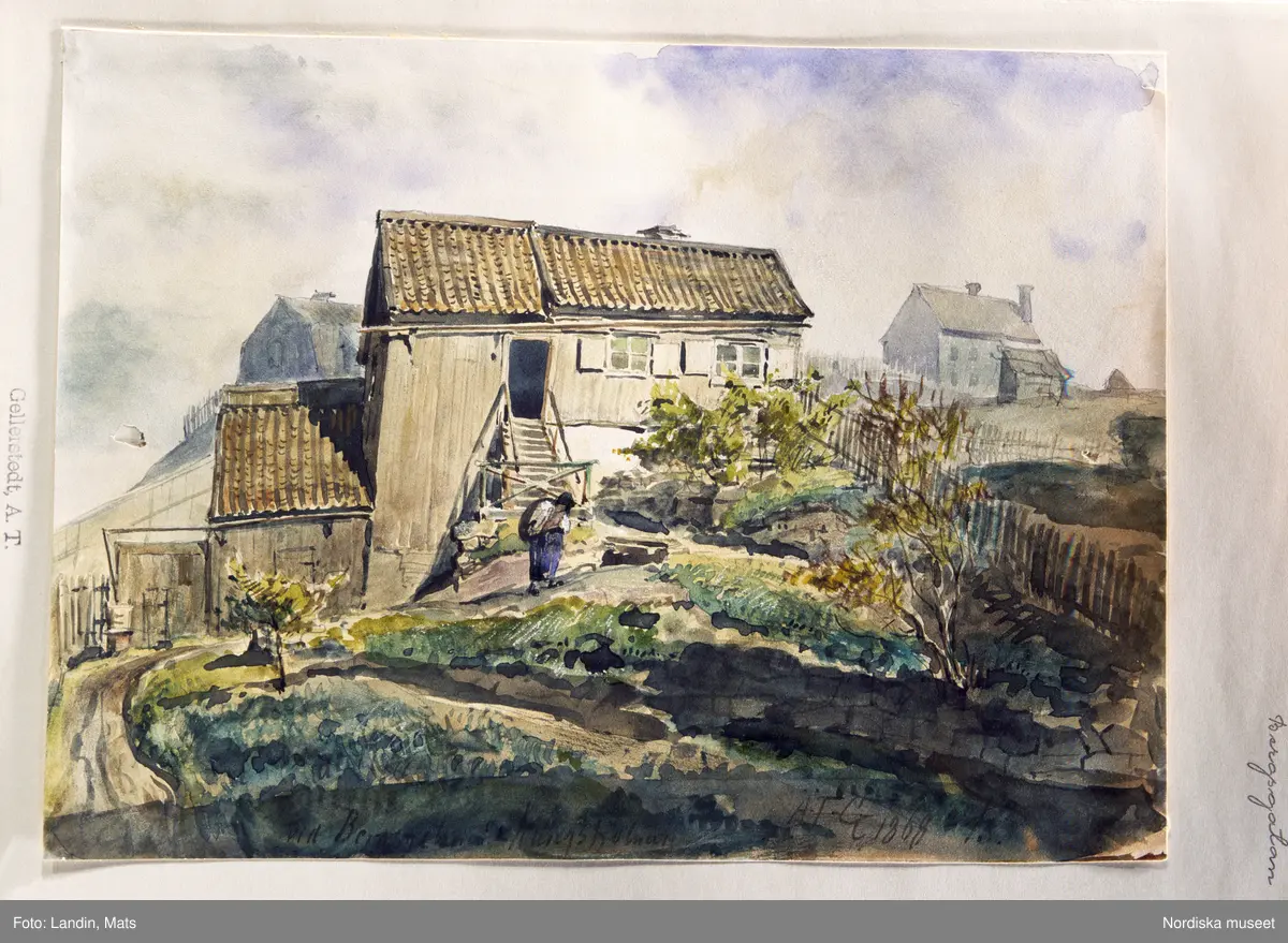 A T Gellerstedts akvareller, tillfällig utställning på Nordiska museet 7 april 2001. Akvarell från1868.
Kåkbebyggelse på Bergsklippan ( nuv. Kungsklippan).