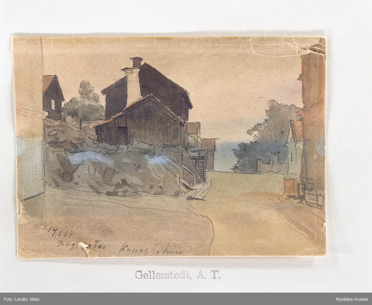 A T Gellerstedts akvareller, tillfällig utställning på Nordiska museet 7april 2001. Akvarell från14/8 1884. Bergsklippan vid Bergsgatan i hörnet. Parmmättaregatan. T h Träd vid Kungsholms kyrka.
