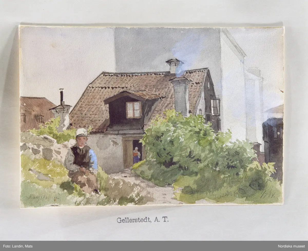 A T Gellerstedts akvareller, tillfällig utställning på Nordiska museet 7april 2001. Akvarell från14/8 1884. Stuga på Bergsklippan.