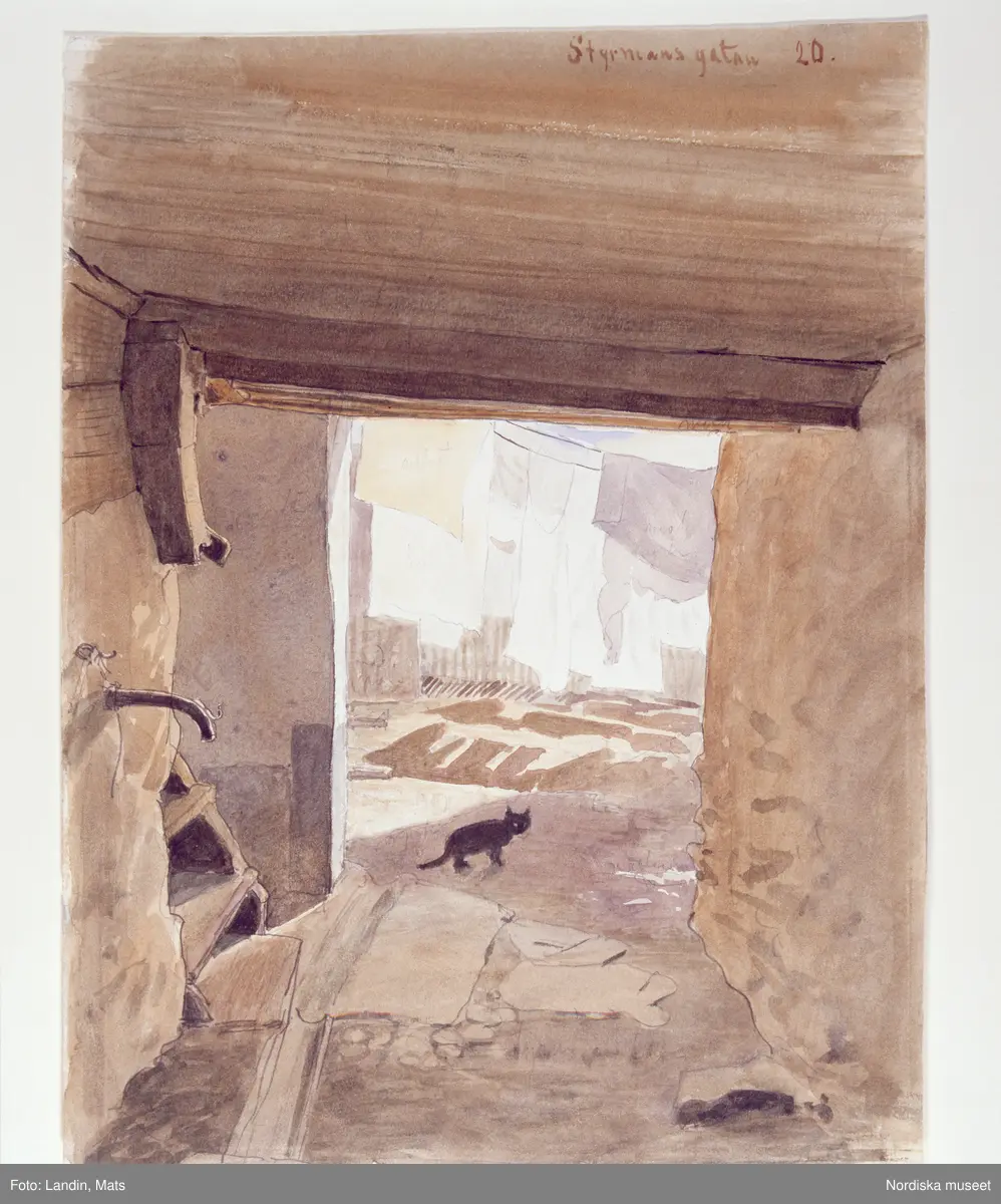 A T Gellerstedts akvareller, tillfällig utställning på Nordiska museet 7april 2001. Akvarell från 1800-talet. Bakgård i Styrmansgatan 20.