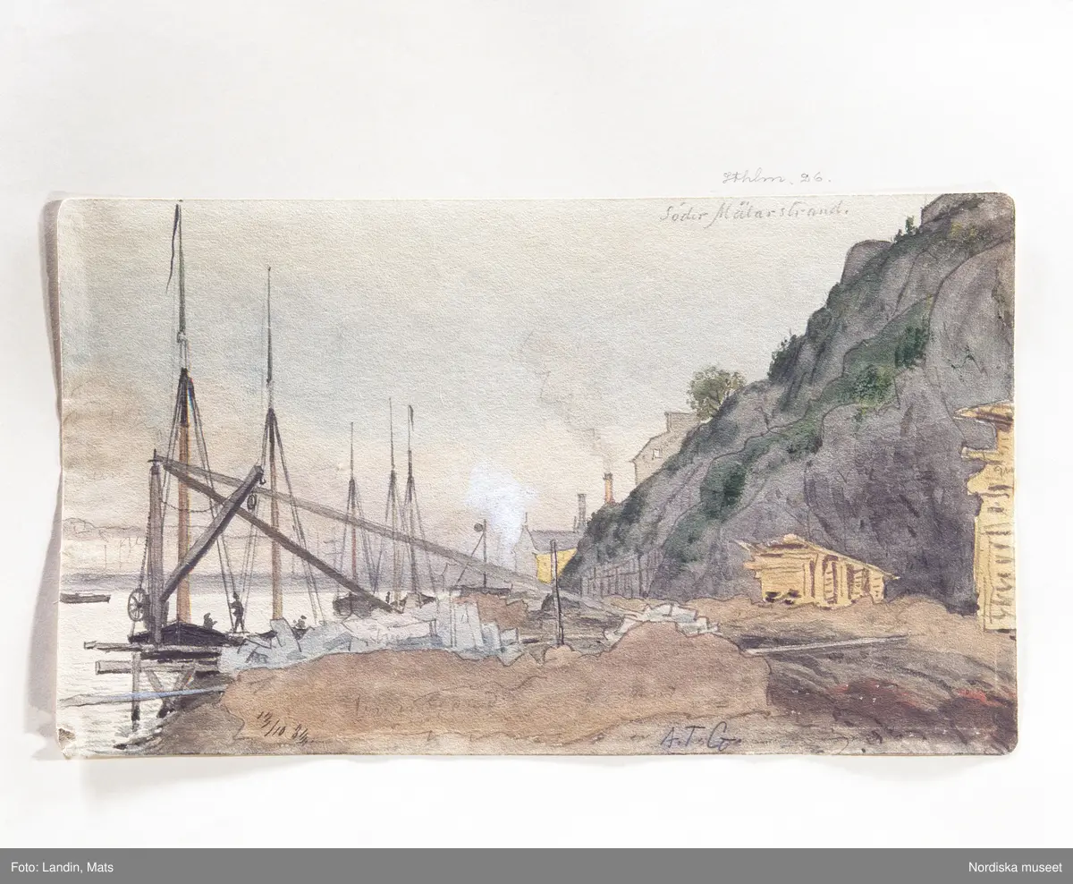 A T Gellerstedts akvareller, tillfällig utställning på Nordiska museet 7april 2001. Akvarell från 1884. 
Söder Mälarstrand. Lastkajen mot öster.