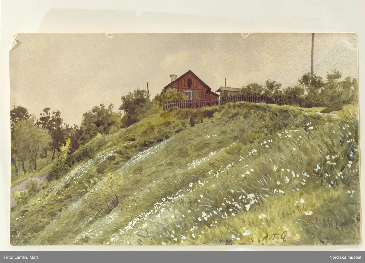A T Gellerstedts akvareller, tillfällig utställning på Nordiska museet 7april 2001. Akvarell från juni 1884. Backslänt vid Skanstull.