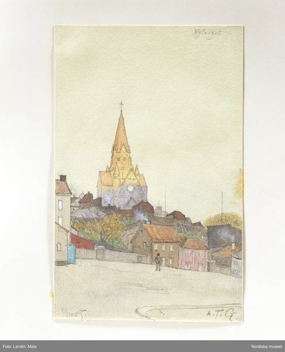 A T Gellerstedts akvareller, tillfällig utställning på Nordiska museet 7april 2001. Akvarell från 1905. 
Från Nytorget mot Sofia kyrka. ( Invigd 1906).